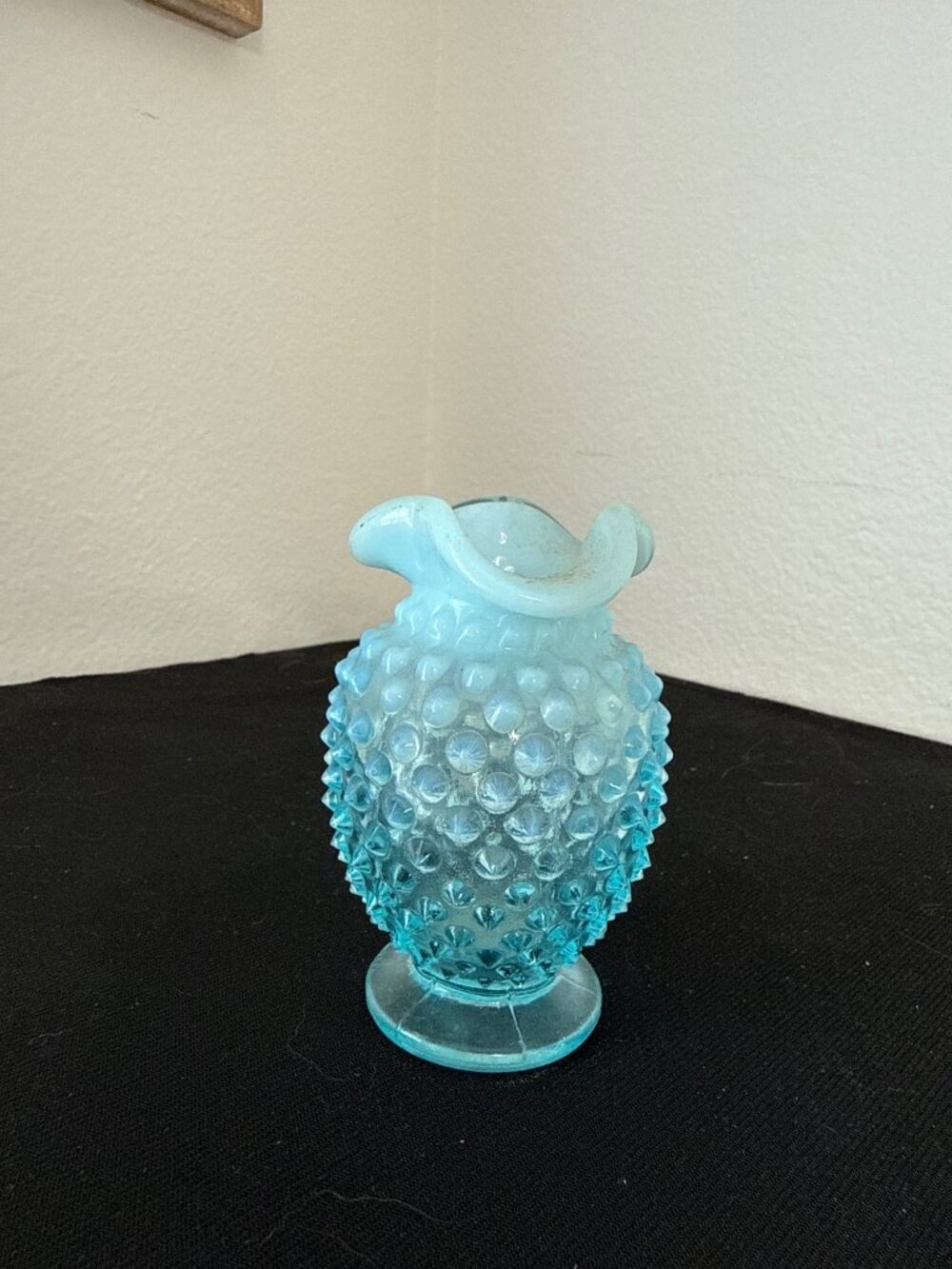 Vintage Blue Opalescent Hobnail Glass Vase With Ruffled Edge Small Decorative Ac